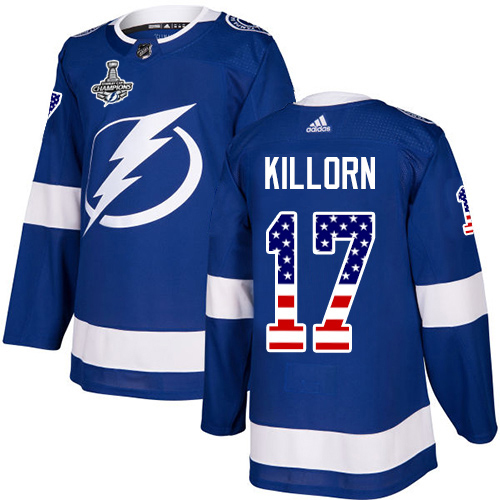 Men Adidas Tampa Bay Lightning #17 Alex Killorn Blue Home Authentic USA Flag 2020 Stanley Cup Champions Stitched NHL Jersey->tampa bay lightning->NHL Jersey